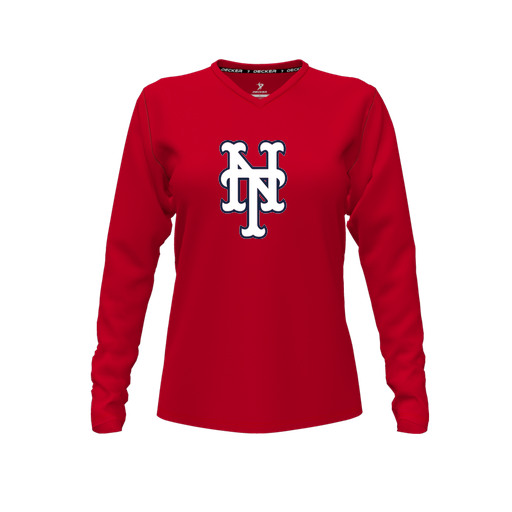 [CUS-DFW-TEES-CMF-VNK-LSL-RED-FYXS-LOGO3] Comfort T-Shirt (Female Youth XS, Red, V Neck, Logo 3, Long Sleeve)