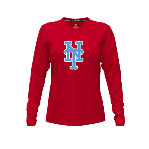 [CUS-DFW-TEES-PER-VNK-LSL-RED-FYXS-LOGO1] Performance T-Shirt (Female Youth XS, Red, V Neck, Logo 1, Long Sleeve)